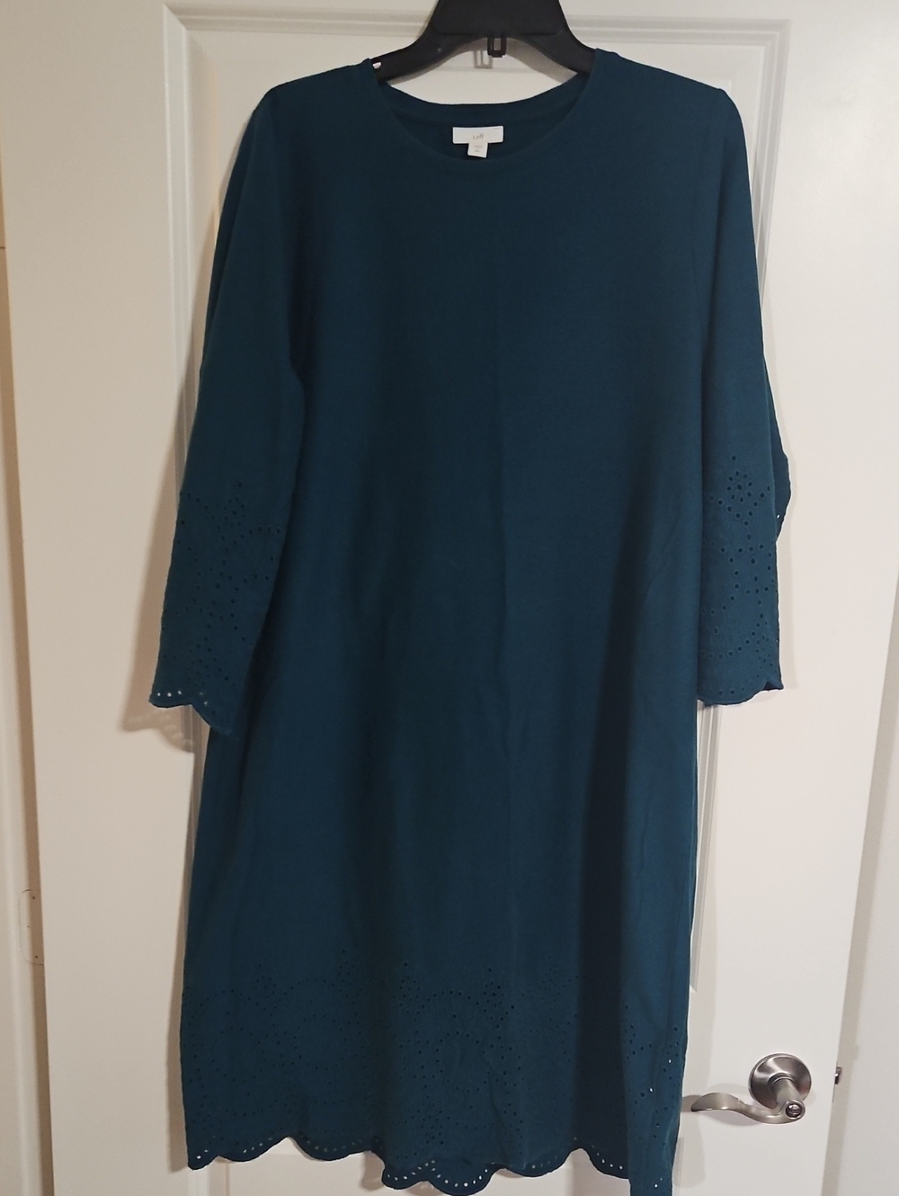 J.Jill Tall Deep Teal Knee-lenth Dress With Eyelet Detail On Sleeves And Hem